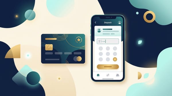 Credit card next to a smartphone showing a bank account deposit screen, illustrating funding a new account with a rewards card