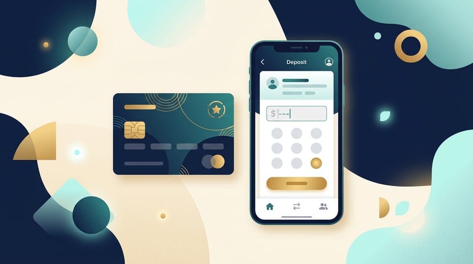 Credit card next to a smartphone showing a bank account deposit screen, illustrating funding a new account with a rewards card